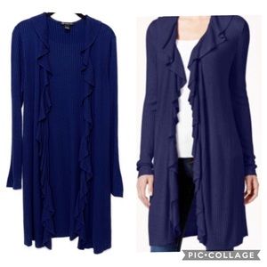 INC Navy Ribbed Knit Open Front Ruffled Cardigan